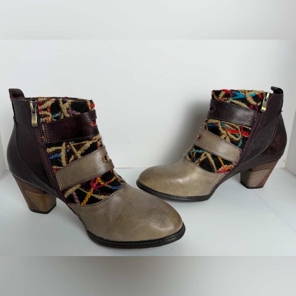 L’Artiste Boho Ankle Boots Size 41 Woven Multi-Color Buckle Block Heel
